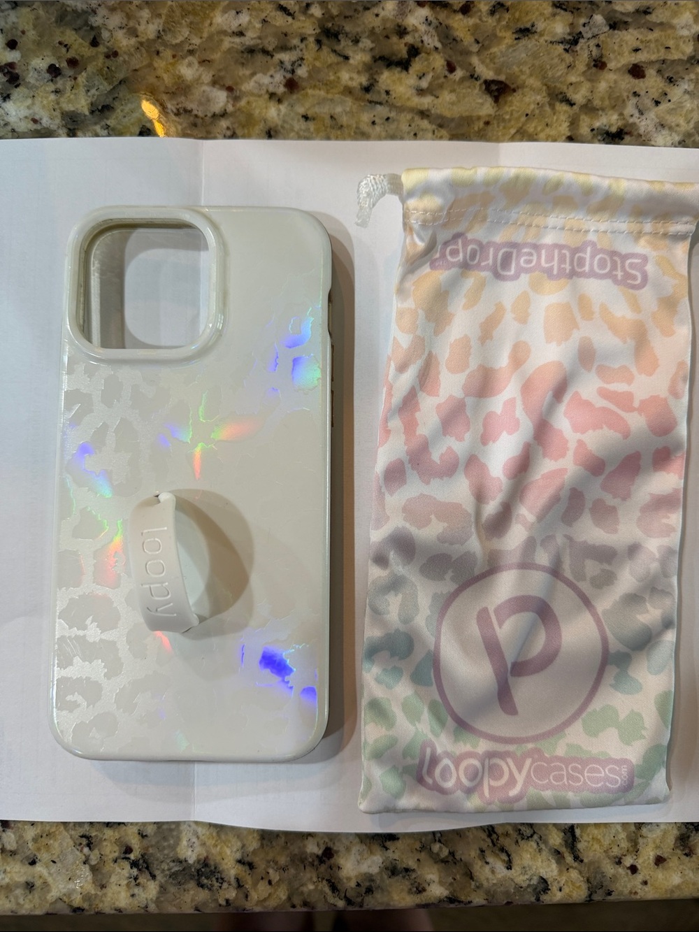 Loopy Case White Holographic Leopard Phone Case with Built-In Loop
